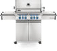 Front view of the Napoleon Grills Prestige PRO™ 500 RSIB 6-Burner Grill with infrared side and rear burners, featuring stainless steel construction and blue-lit control knobs.