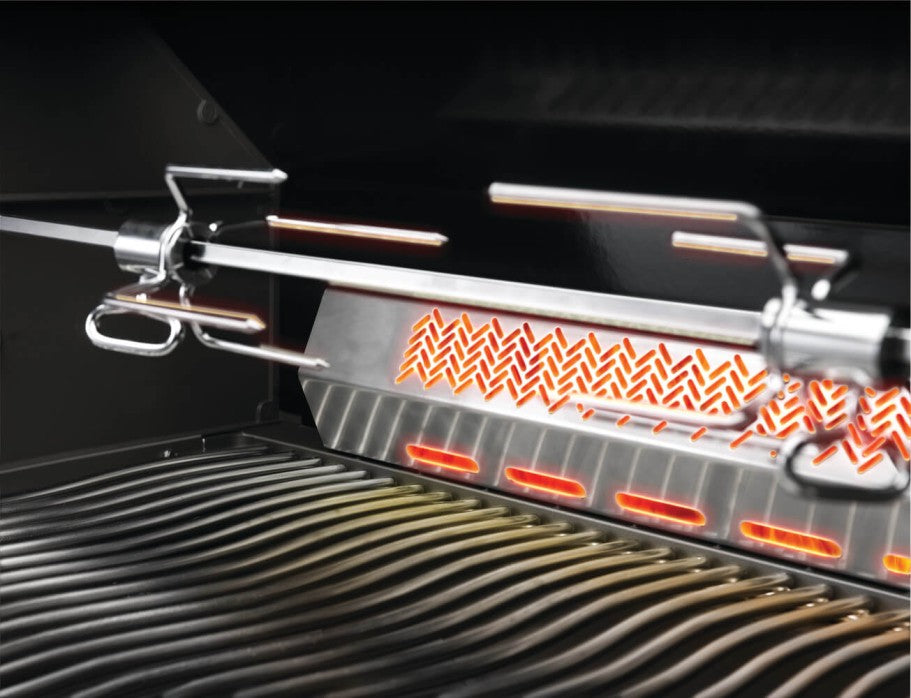 Detailed view of the infrared rear rotisserie burner in action inside the Napoleon Grills Built-In Prestige PRO™ 665 RB.