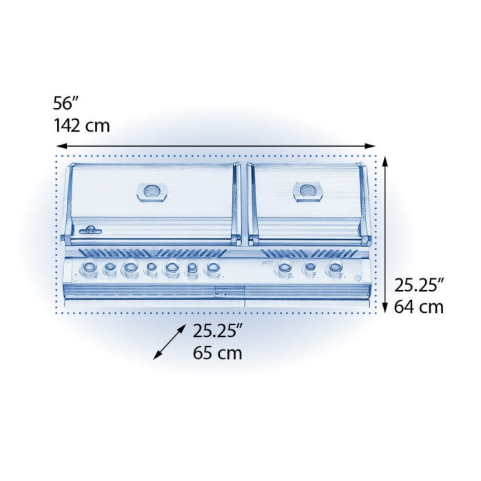 Dimensional blueprint of Napoleon Grills Built-In Prestige PRO™ 825 RBI displaying the grill's measurements in inches and centimeters.