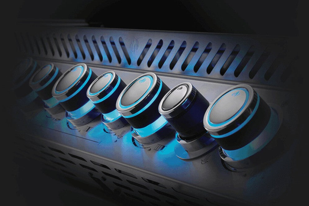 Close-up of the RGB Spectrum Night Light control knobs with SafetyGlow feature on the Napoleon Grills Built-In Prestige PRO™ 825 RBI.