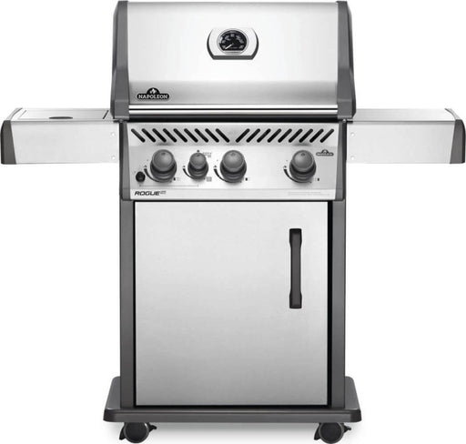 Front view of Napoleon Grills Rogue® XT 425 SIB 4-Burner Grill with Infrared Side Burner in stainless steel with closed lid.