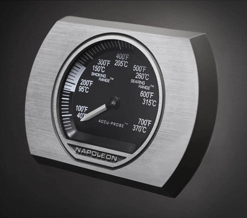 Detailed view of the ACCU-PROBE™ thermometer on the Napoleon Grills Prestige® 500 RSIB Grill, featuring temperature ranges for various cooking methods.