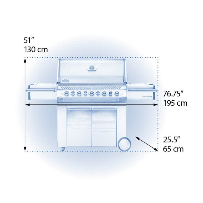 Dimensions of the Napoleon Grills Prestige PRO™ 665 RSIB 8-Burner Grill With Infrared Side and Rear Burners