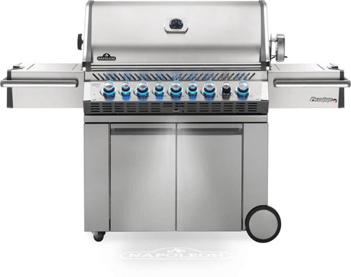 Front view of Napoleon Grills Prestige PRO™ 665 RSIB 8-Burner Grill with infrared side and rear burners, featuring illuminated control knobs and closed lid.