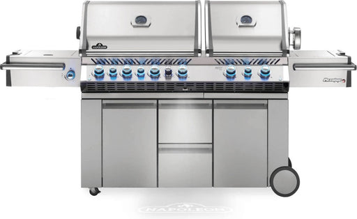 Front view of Napoleon Grills Prestige PRO™ 825 RSIB 10-Burner Grill with power side burner, infrared rear and bottom burners, and illuminated control knobs.