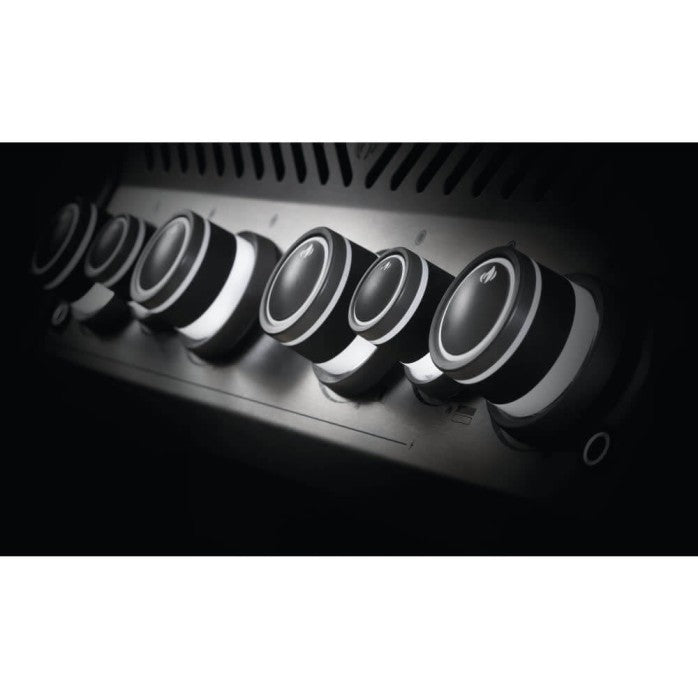 Close-up of the control knobs on the Napoleon Grills Rogue SE 525 RSIB Grill, emphasizing the detail and backlit feature.