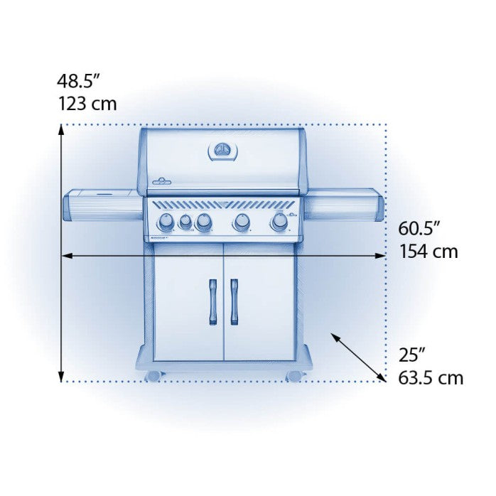 A technical dimensional diagram of the Napoleon Grills Rogue SE 525 RSIB Grill, detailing the height, width, and depth in both inches and centimeters.
