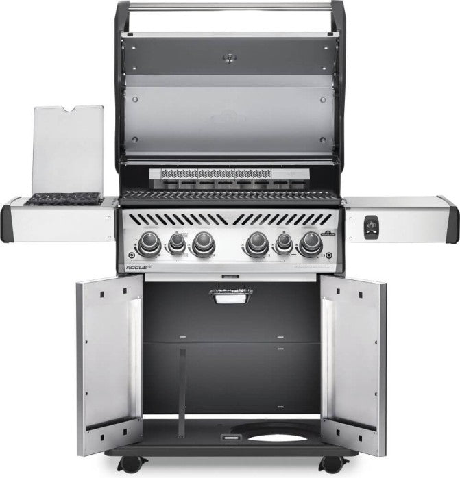 The Napoleon Grills Rogue SE 525 RSIB Grill with the lid, side burner, and storage doors all open, displaying the grill's interior and storage features.