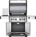 The Napoleon Grills Rogue SE 525 RSIB Grill with the lid, side burner, and storage doors all open, displaying the grill's interior and storage features.