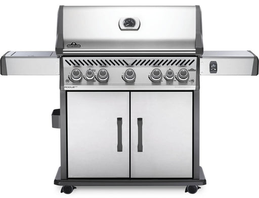 Front view of Napoleon Grills Rogue SE 625 RSIB Stainless Steel 7-Burner Grill with control knobs and infrared side burner visible.