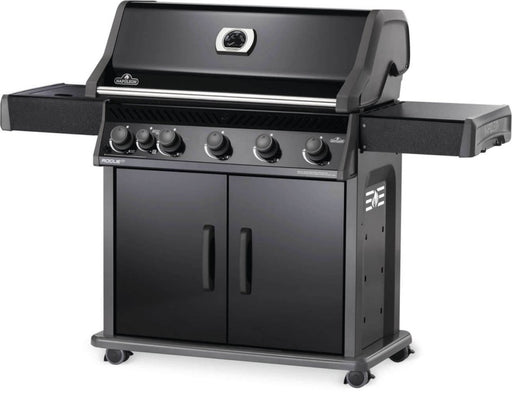 An angled view of the Napoleon Grills Rogue XT 625 SIB 6-Burner Grill with Infrared Side Burner, featuring a closed lid and extended side shelves.