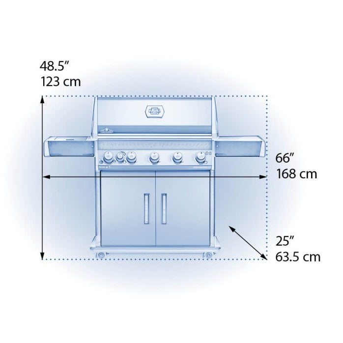 A dimensional diagram of the Napoleon Grills Rogue XT 625 SIB Grill, providing measurements for height, width, and depth.
