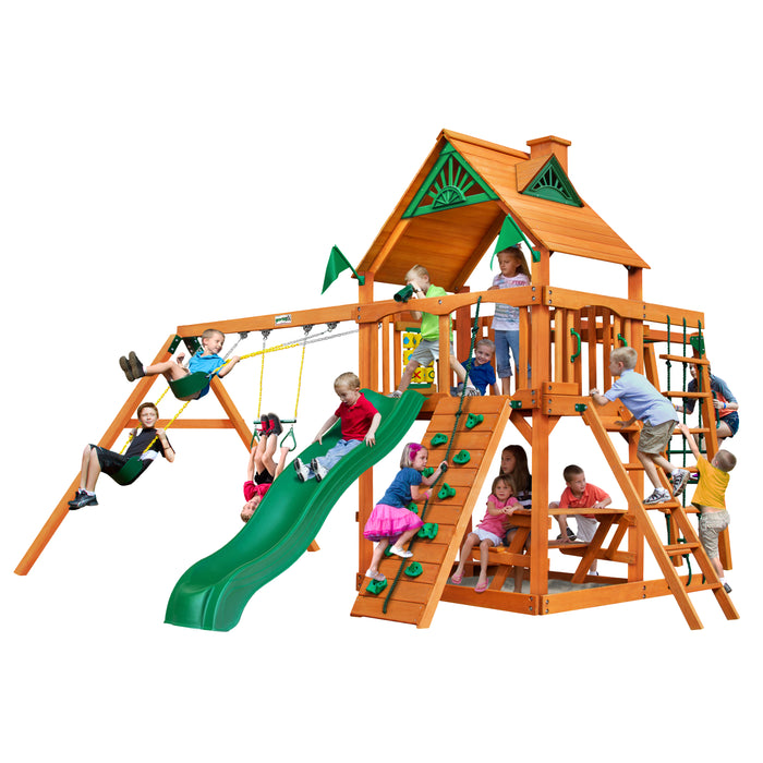 Gorilla Playsets Navigator Swing Set Woof Roof with kids in a studio