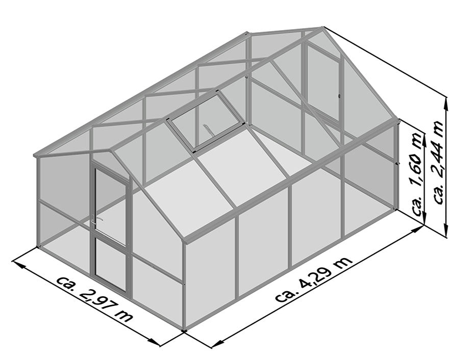 The dimension diagram of the Hoklartherm Nelke Pro 4 Greenhouse, providing detailed measurements for installation.