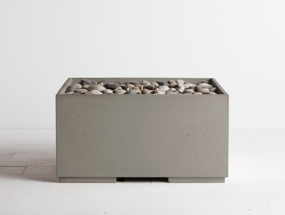 Nori dark Solus Decor Firebox 30, exuding sophistication with its square silhouette and contrasting grey stone fill, enhancing any outdoor space.