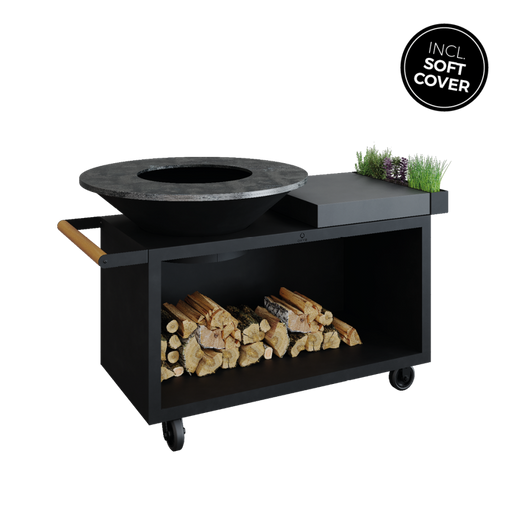 Island Black 100 PRO grill with firewood
