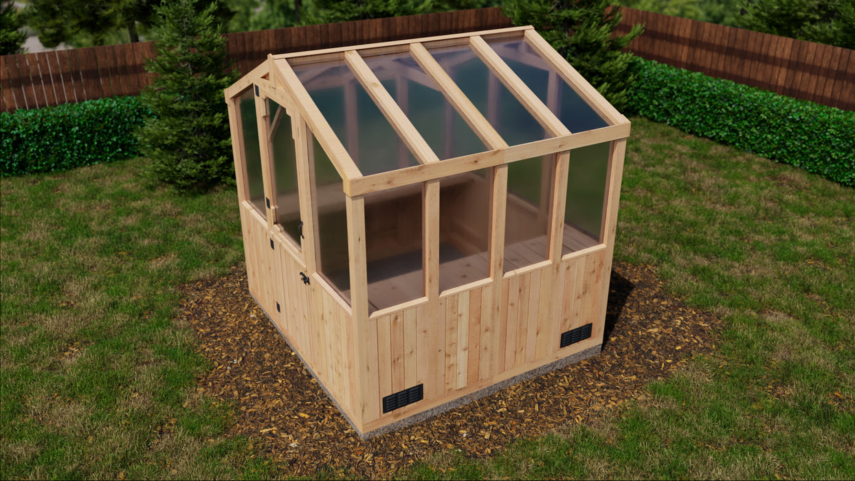 OLT 8x8 cedar greenhouse top view rendering for customer views