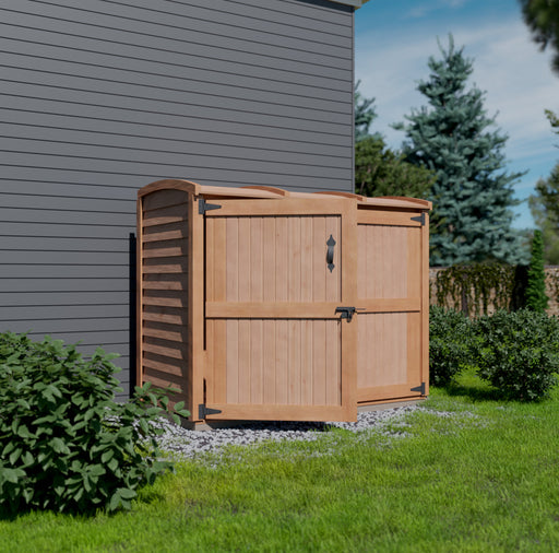 A wooden 6x3 Oscar Waste Management Shed with a double door