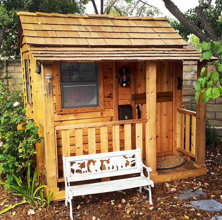 Little Cedar Playhouse & Sandbox 6x6 with bench outside