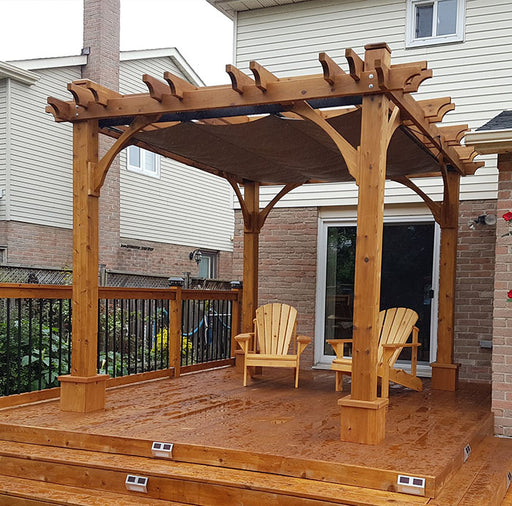 Outdoor Living Today Pergola with Retractable Canopy 8×10 on a wooden deck with seating