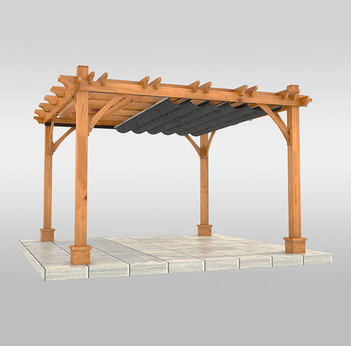 A rendered image of the Outdoor Living Today Pergola with Retractable Canopy 12x12 on a light gray background