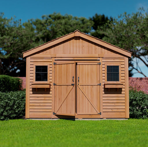 rendered image of the Outdoor Living Today Space Master Storage Shed with Double Doors on a grassy backyard