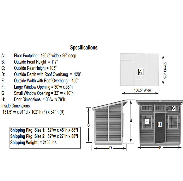 Specifications diagram for Outdoor Living Today Studio 12x8, detailing dimensions and layout for customer reference