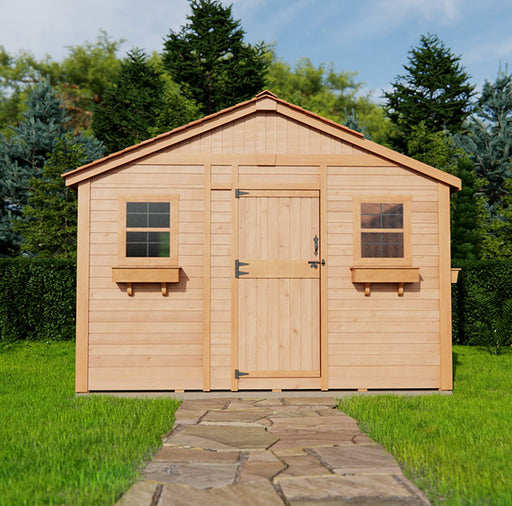 Classic front view of a 12x12 Sunshed garden shed made from cedar, featuring double doors and side windows, on a vibrant grassy lawn