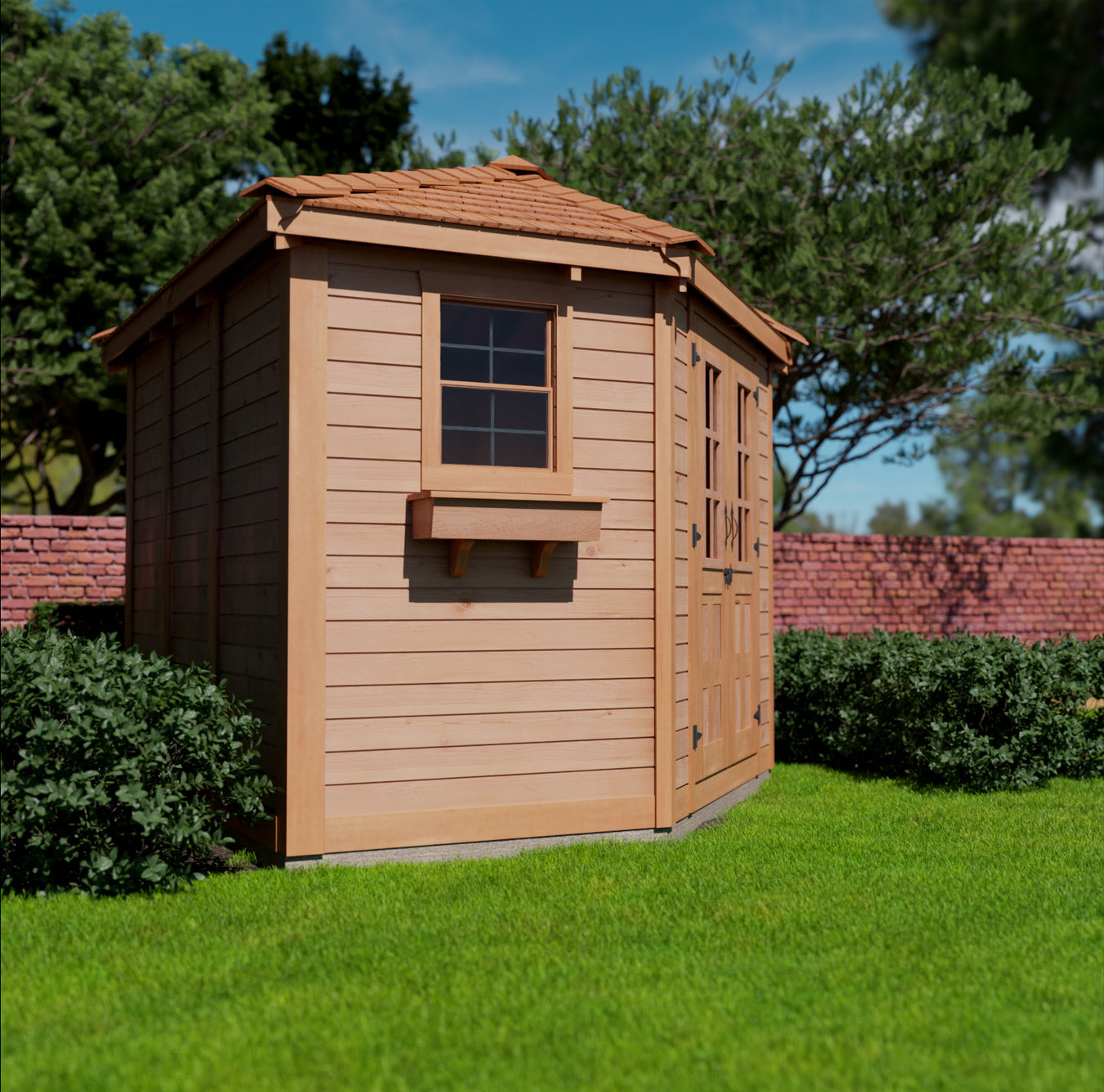  A wooden 9x9 Outdoor Penthouse Garden Shed with double doors, situated on a grassy lawn, under a clear sky.