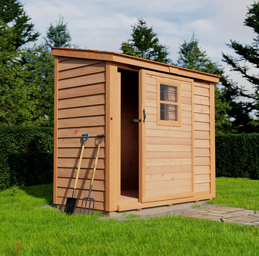 A 8×4 Space Saver Storage Shed with double doors is situated in a lush green yard