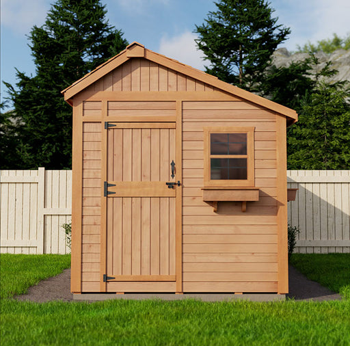 Solid cedar wood Sunshed garden shed, 8x12, with single door and side window, showcasing simplicity and natural wood finish in a lush garden