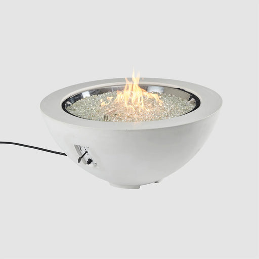 White round gas fire pit bowl with flame and glass beads, no wind guard, isolated on a white background.