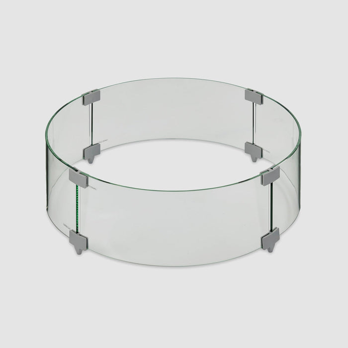A 25-inch round glass wind guard with new clip attachments on a white background.