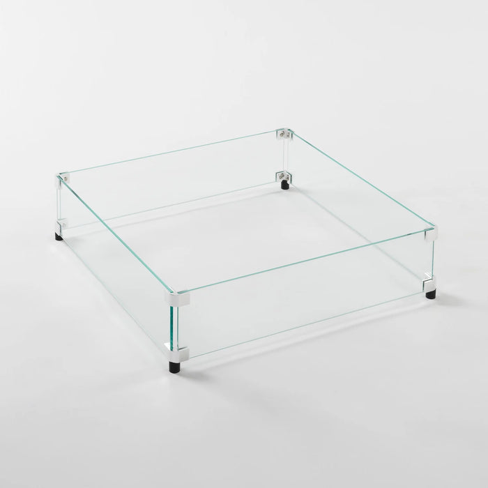 A 16x16 inch square glass wind guard with metal clips on a white background.