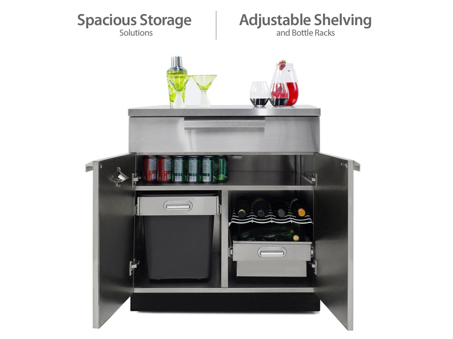 Outdoor Kitchen Stainless Steel	Cabinet Shelves with bottles and containers featuring spacious storage and adjustable shelving