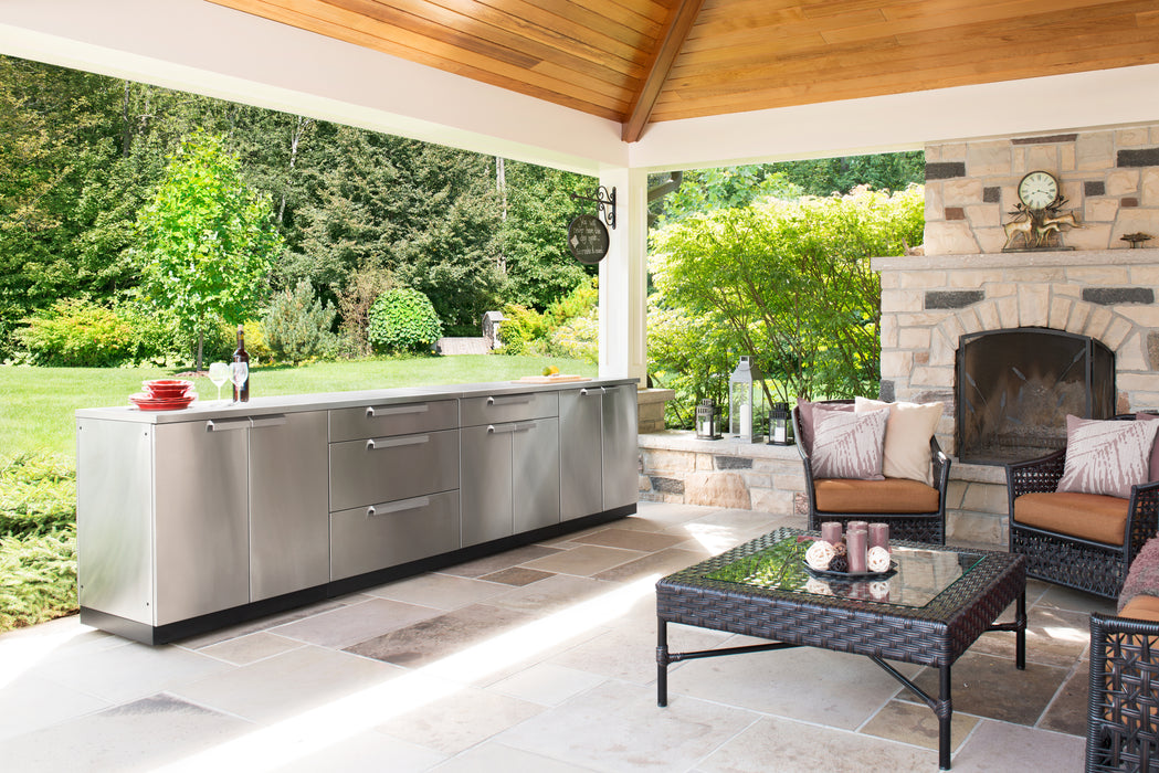 Angle view of the Outdoor Kitchen Stainless Steel	Cabinet Set in the patio