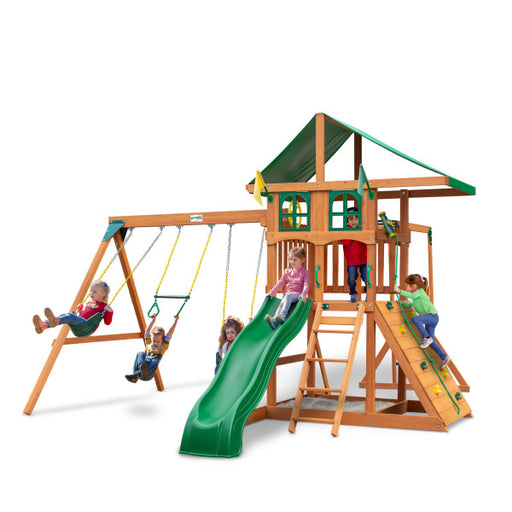 Gorilla Playsets Outing With Monkey Bars Swing Set Treehouse with kids in a studio