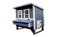 Front angle view of the blue and white Coastal Model OverEZ Large Chicken Coop, designed for easy accessibility and to house up to 15 chickens comfortably.