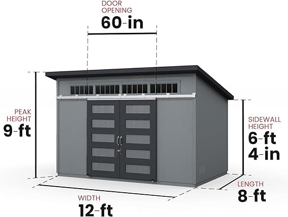 Handy Home Palisade shed dimensions: 12 ft wide x 8 ft deep x 9 ft high peak
