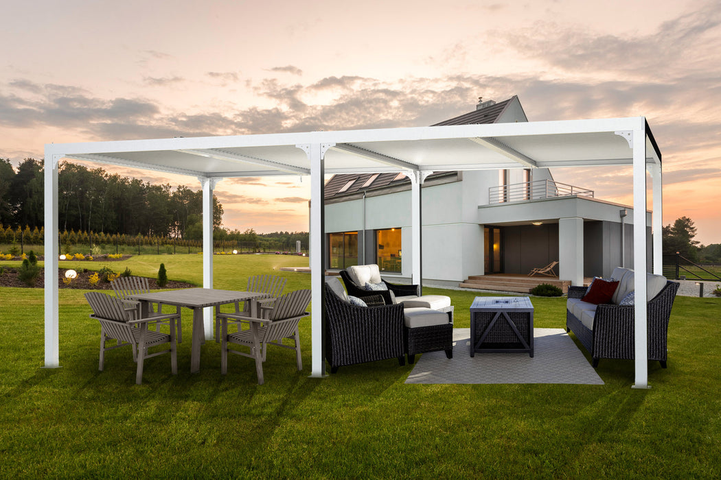 The image depicts a serene outdoor setting featuring the Paragon Outdoor Novara Aluminum Pergola with Louvered Canopy. 