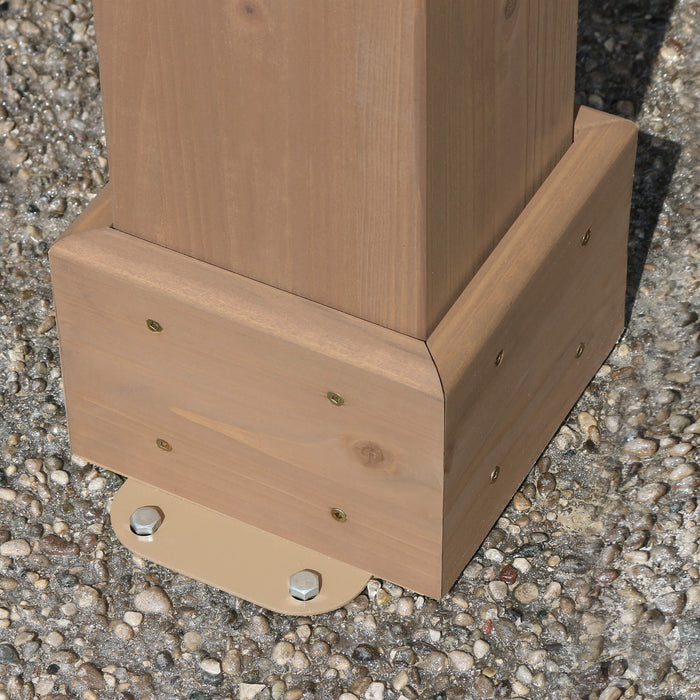 Close-up view of the base support, showing the wooden post, brace, and metal anchor of the YM12778 12x24 Pergola.