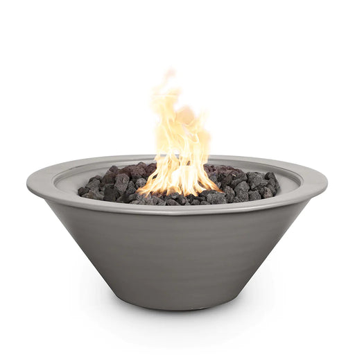 Ignited Round Cazo fire bowl by The Outdoor Plus, showcasing a Pewter powder-coated metal finish and a comforting flame in white background