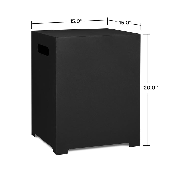 Specifications of Real Flame's Metal Propane Tank Cover, with measurements for height and width displayed