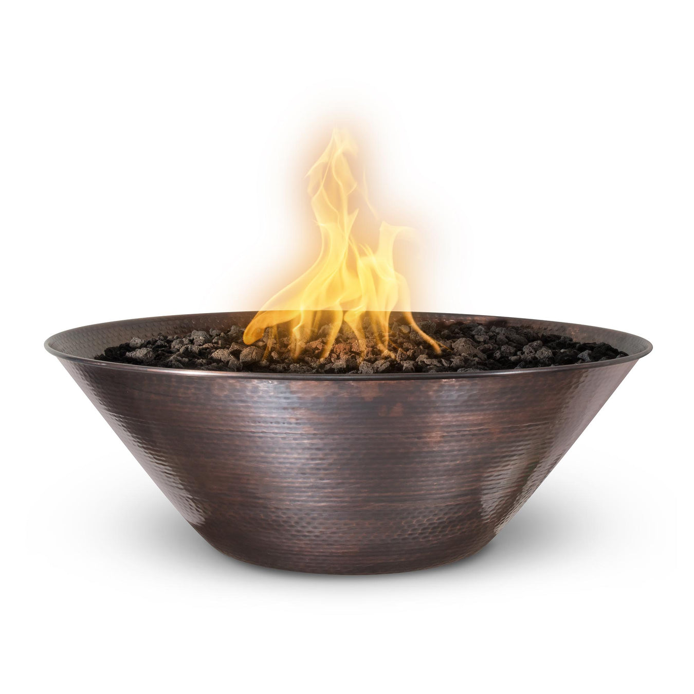 The Outdoor Plus Remi fire bowl featuring a 31-inch round hammered copper design, with a lively flame at the center surrounded by dark lava rocks in white background