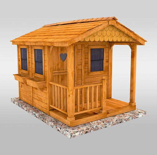 Rendered image of the Outdoor Living Today Sunflower Playhouse featuring a heart-shaped door cutout, mounted on a sturdy granite base
