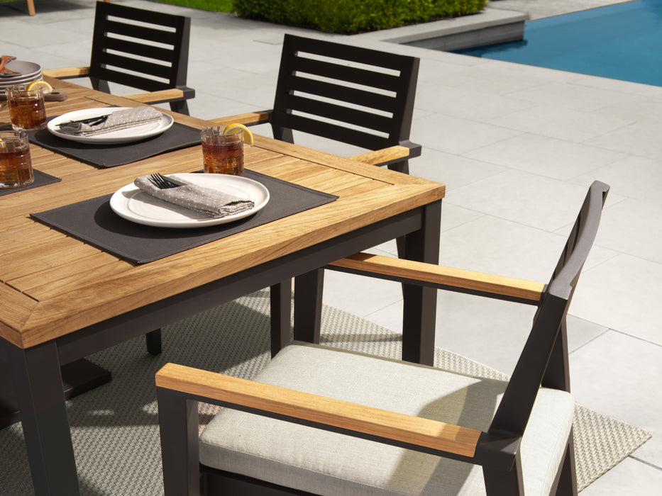Angled view of Rhodes 4-seater dining set with detailed shot of the wooden tabletop and chair with cushion.