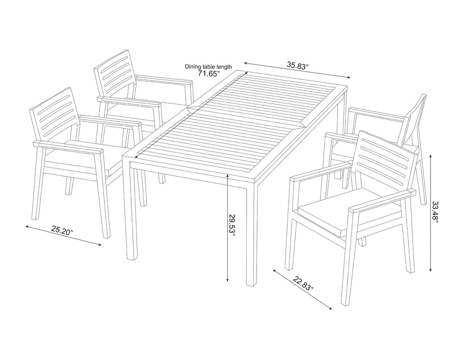Line drawing of Rhodes 4 Seater Dining Set with 72-inch table, providing dimensions for table length, width, and chair measurements.