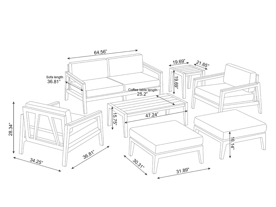 Dimensional diagram of the Rhodes 6 Seater Chat Set, displaying measurements for each piece of the set including the sofa, coffee table, side table, and ottomans.