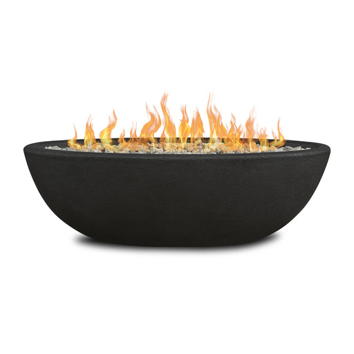 Real Flame Riverside 48-inch oval propane fire pit bowl in natural concrete finish, with vibrant flames Main in white background