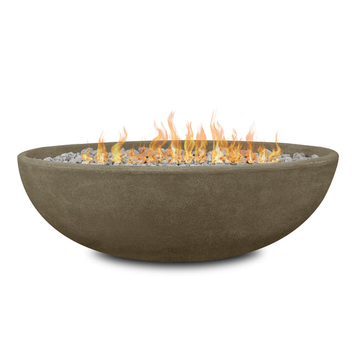 Real Flame Riverside 48-inch oval propane fire pit bowl in natural concrete finish, with vibrant flames in white background